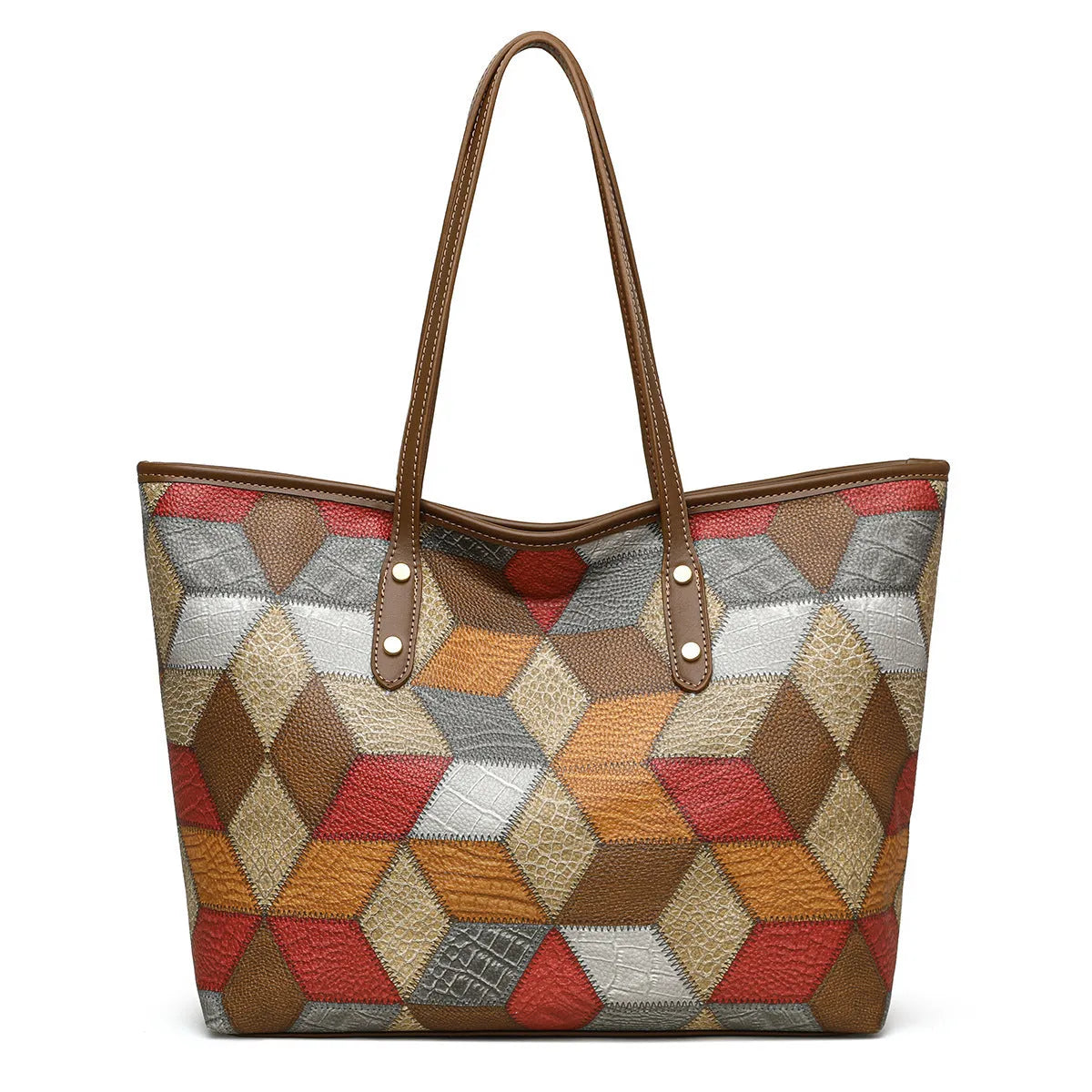 Women's blue brown PVC shoulder bag with sandwich pocket design showing interior organisation
