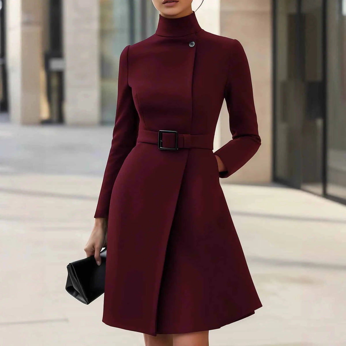 A woman's long sleeve Bohemian style dress with a high waist, stand collar, and zipper closure in black or wine red.