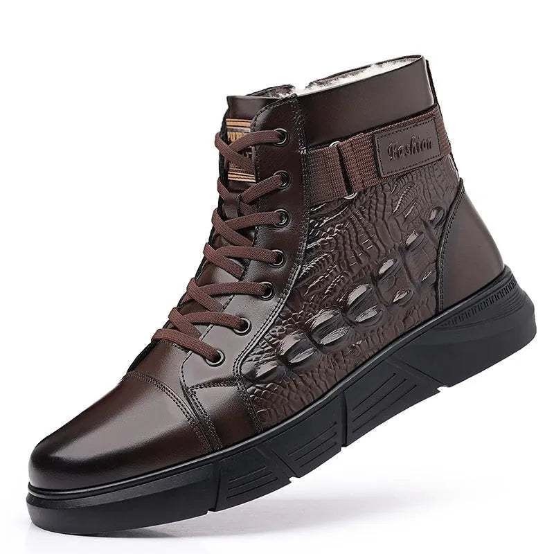 Black and brown velvet finish lace-up snow boots with faux fur lining and rubber soles