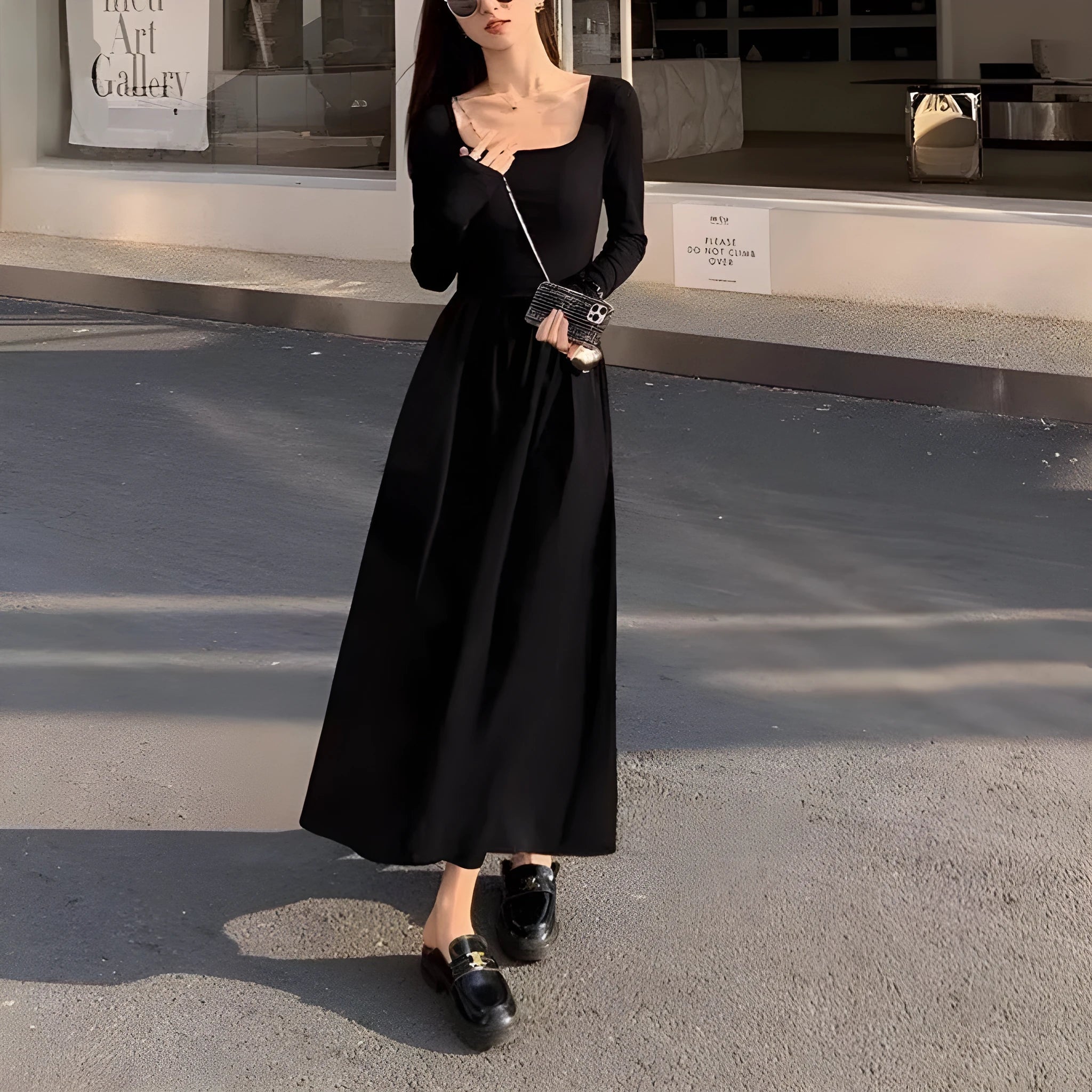 Women's square collar knitted dress with long sleeves, elastic waist, and A-line long skirt in grey.