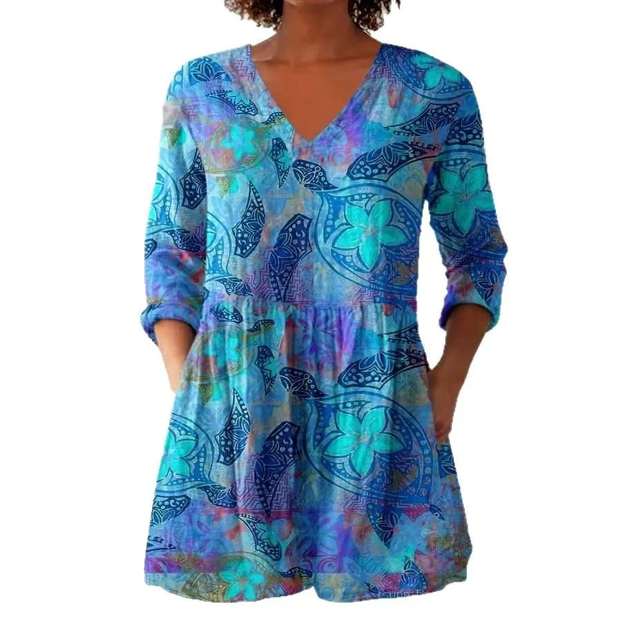 Women's retro slim fit printed long-sleeved polyester top on a hanger, showing digital print detail.