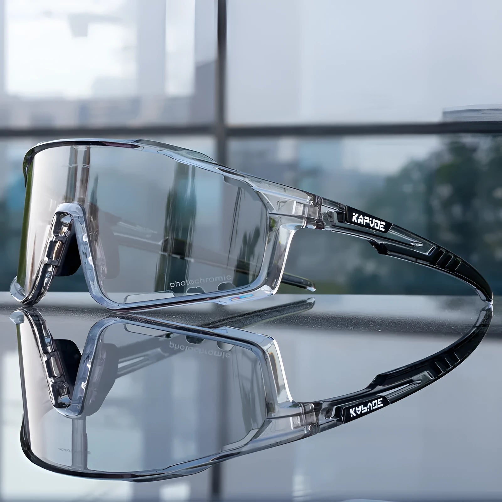 TR90 semi-rimless unisex cycling sunglasses with a photochromic colour-changing lens.