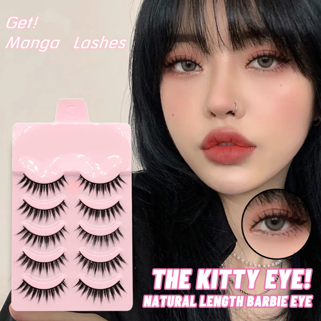 5 pairs of natural wispy manga false eyelashes on a black background, showing styles 007, 008, and 009 with plastic black terrier.