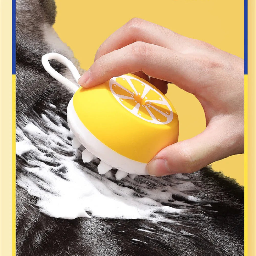 Yellow silicone pet bath brush with massage head and comb for dogs and cats