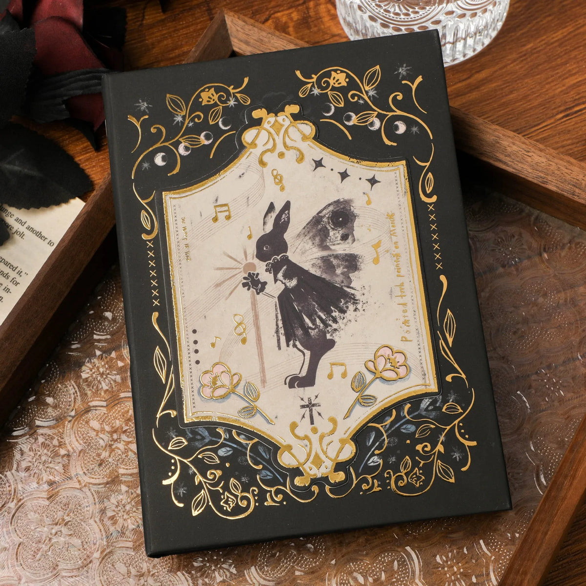 THALO A5 retro art notebook with gothic style cover, open on wood pulp paper.
