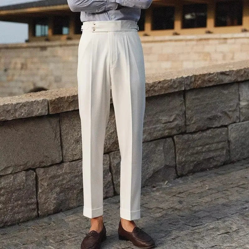 Men's slim fit straight-leg business trousers in chemical fibre blend available in apricot, black and white