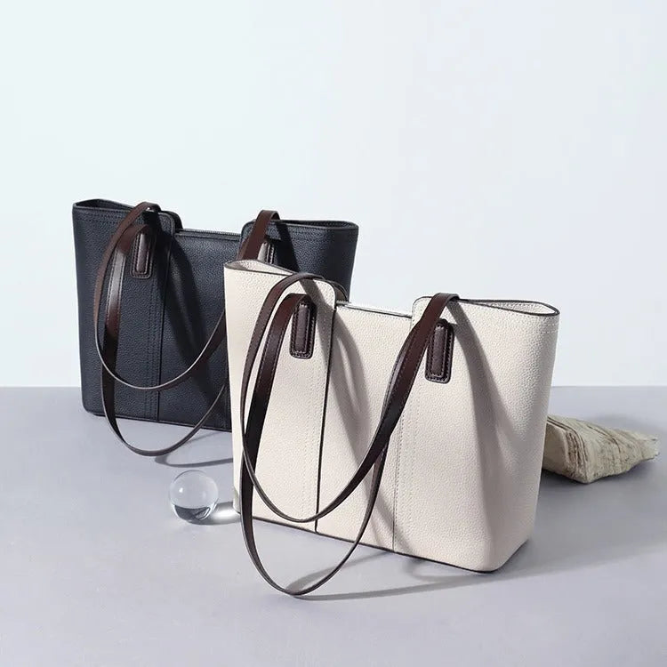 Women's genuine leather commuter shoulder bag in box-type shape with large capacity and multiple pockets
