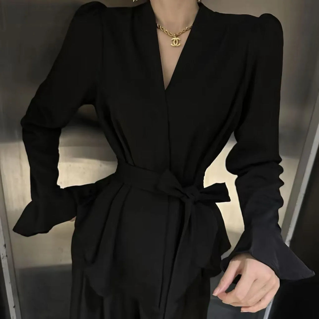Women's French-style irregular collar long sleeve shirt with bell sleeves in wine red.