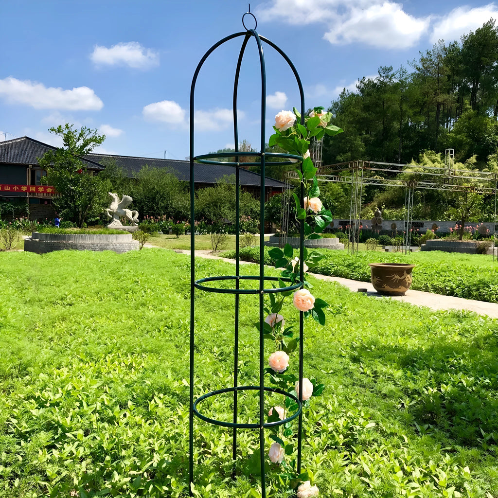 Dark green European-style wrought iron plant climbing frame lattice standing on floor.