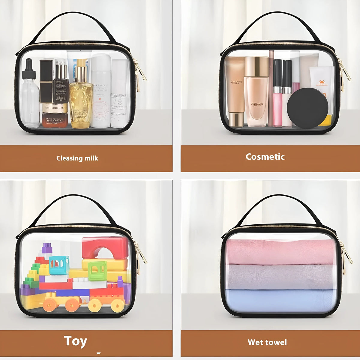 Transparent PVC lipstick storage wash bag with carrying chain in leopard print colour.