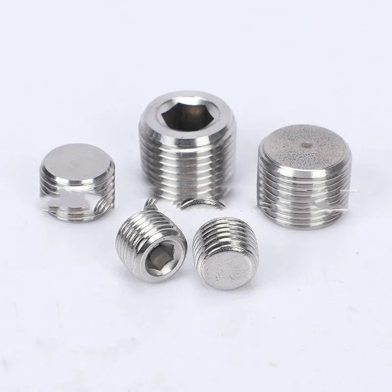 Stainless steel hexagon plug with 3/8 inch connection point for pipe bulkhead sealing