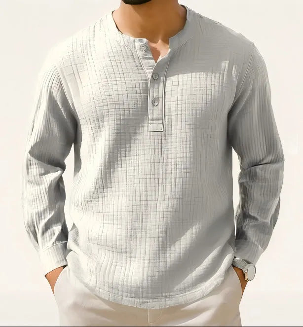 Men's slim fit cotton linen blend long sleeve t-shirt in Army Green with three-quarter sleeves.