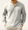 Men's slim fit cotton linen blend long sleeve t-shirt in Army Green with three-quarter sleeves.