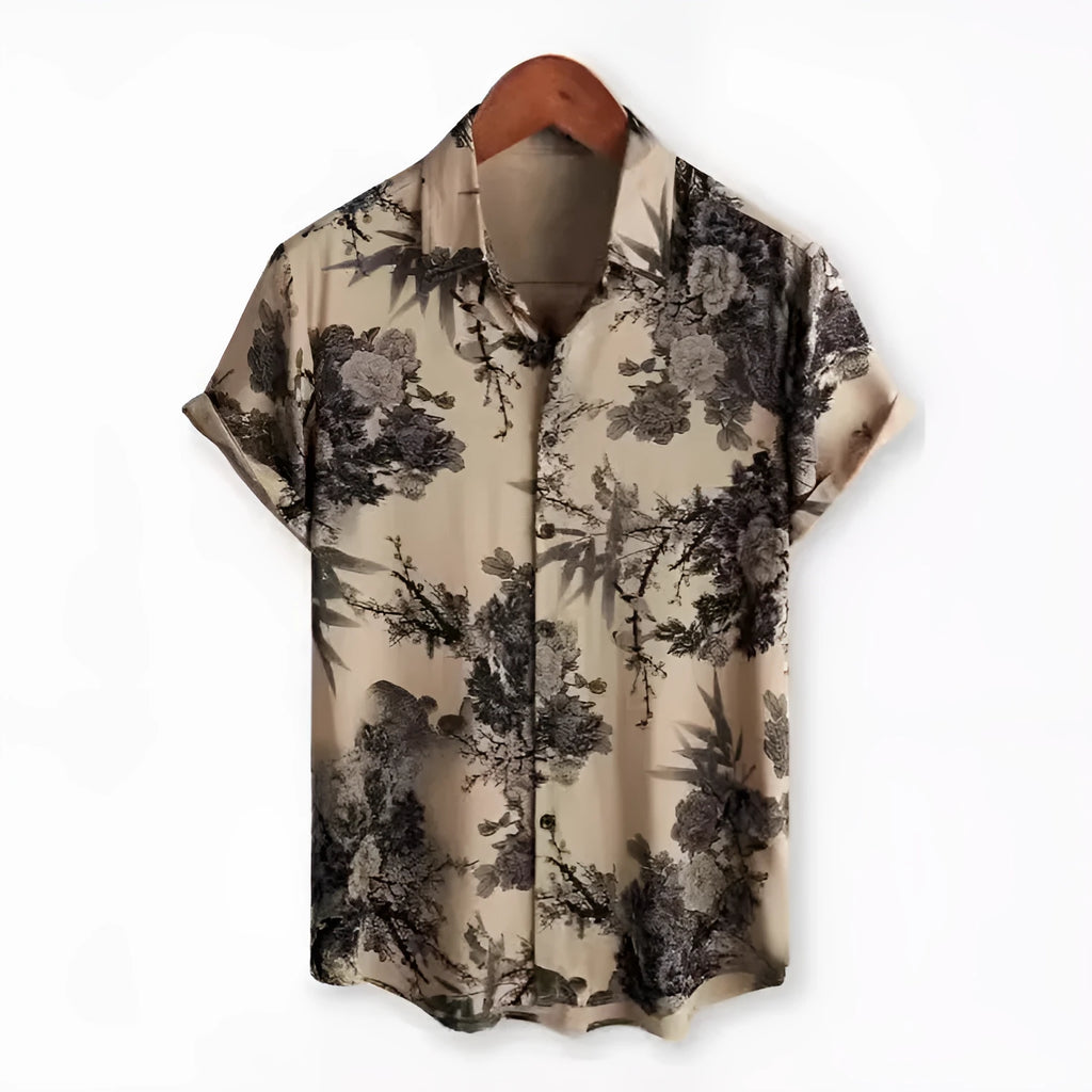 Short sleeve cardigan-style shirt with a Hawaiian floral print on the lapel.