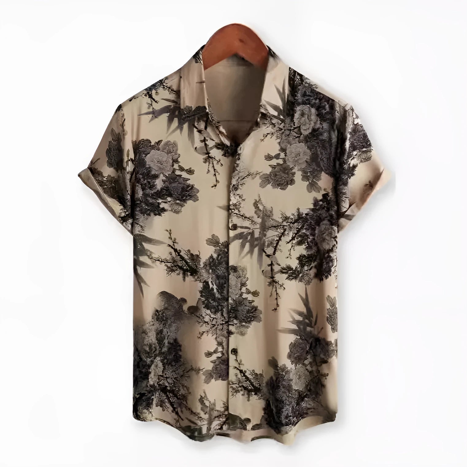 Short sleeve cardigan-style shirt with a Hawaiian floral print on the lapel.
