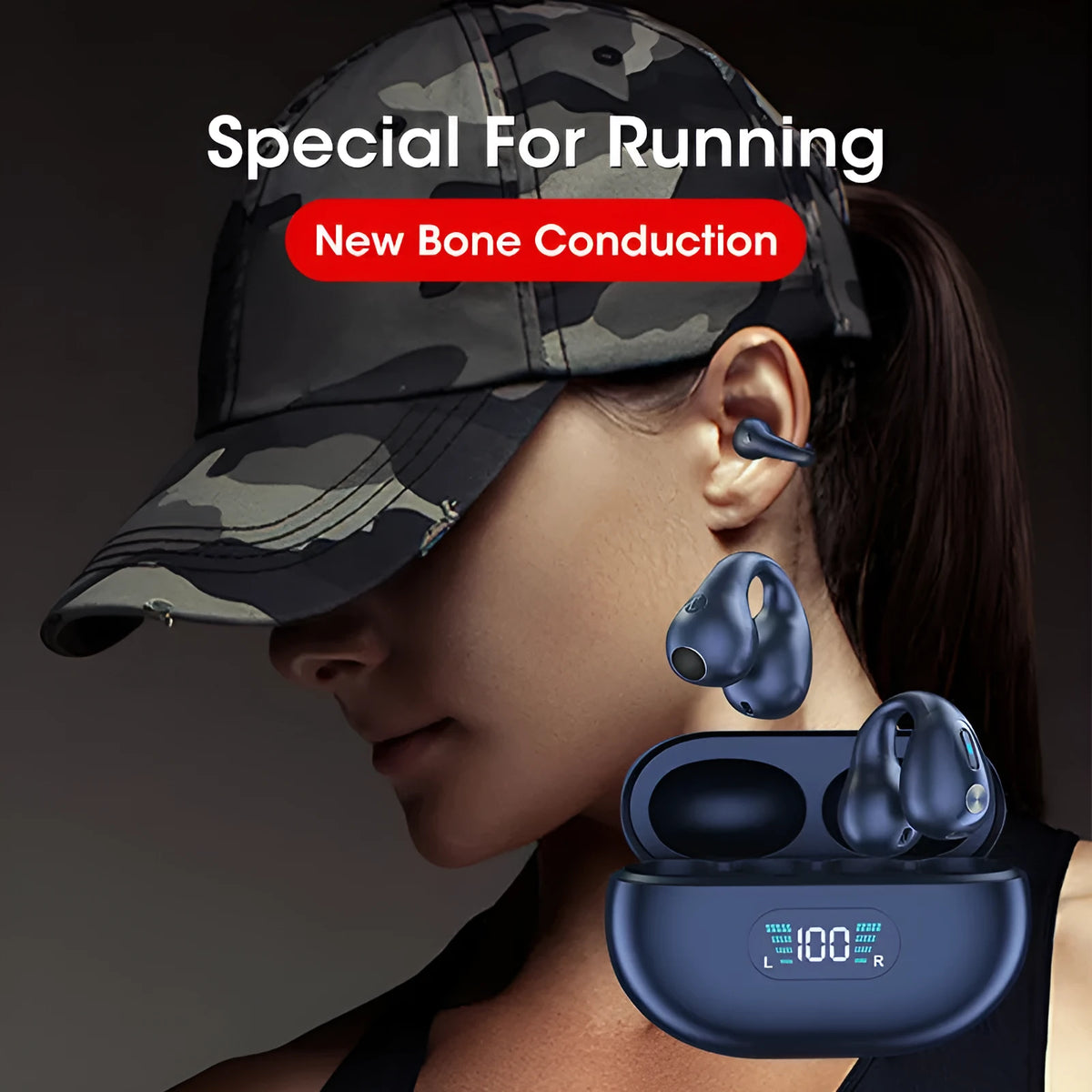 Bone conduction Bluetooth ear clip headset in black, white, or khaki colours showing ear clip design