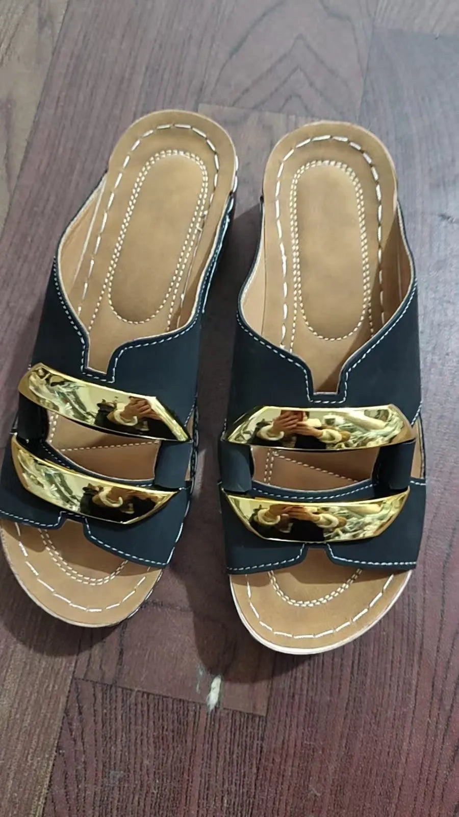 Women's Roman style platform sandals in white, black, khaki, and blue with a metal detail.