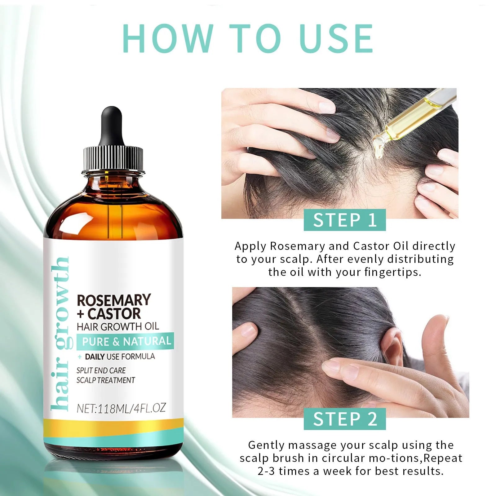 118ml bright yellow hair treatment oil bottle with massage brush attachment for dense long hair care