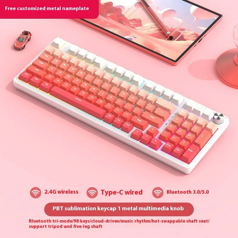 White screen version 98-key wireless mechanical keyboard kit with metal knob on desk