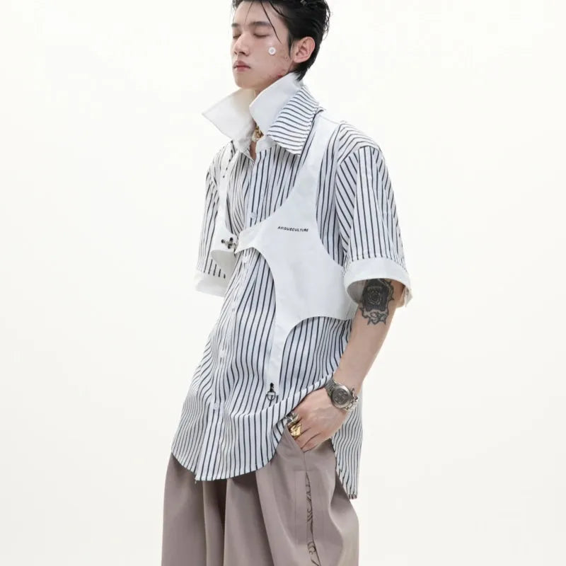 Black and white striped men's shirt with double lapel collar design