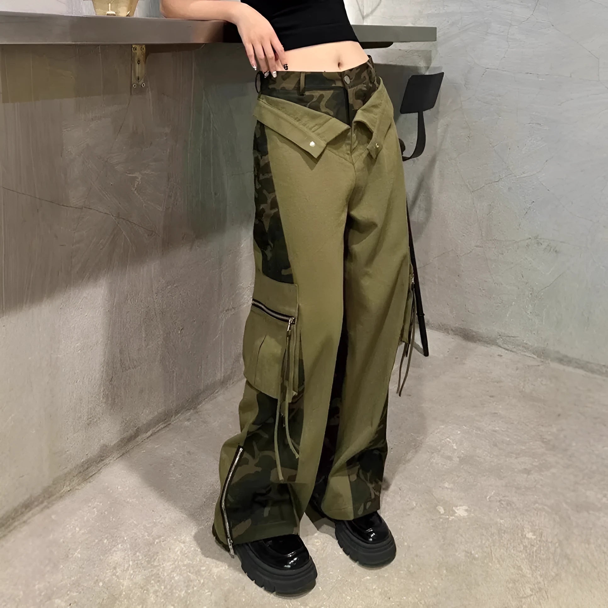 Women's retro high waist straight leg jeans with leopard print pattern on dark khaki denim and tooling style details