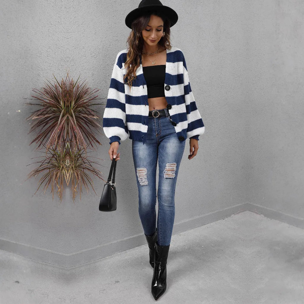 Women's striped deer plush cardigan with button front in blue, black, brown, or dark green.