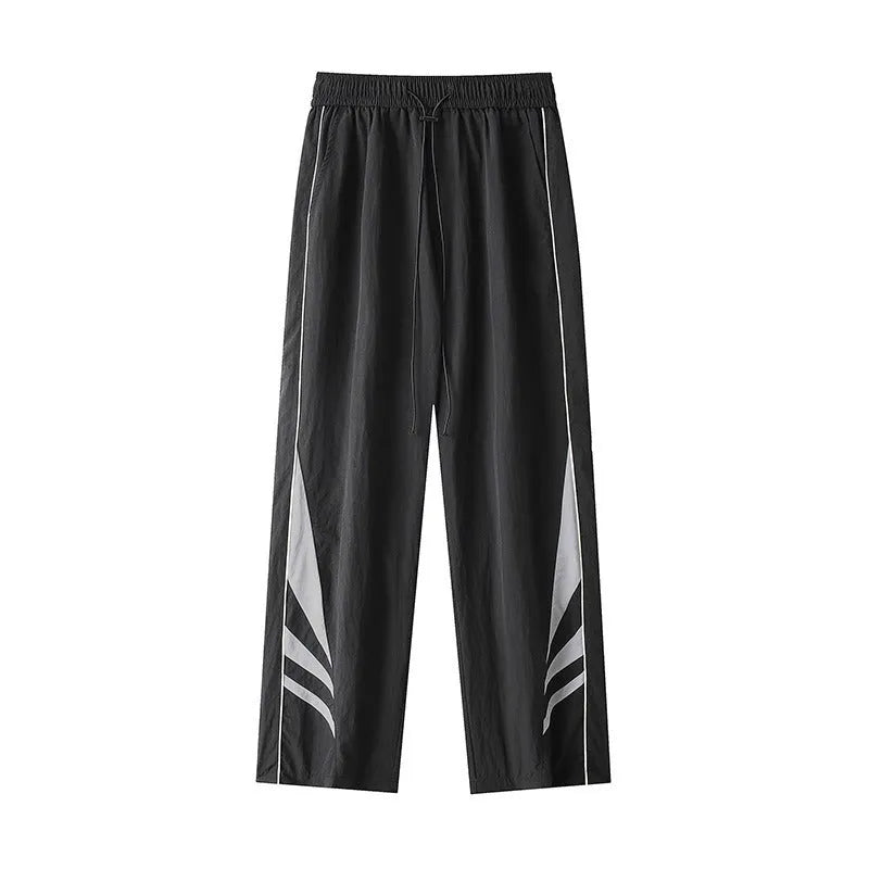 Men's straight leg casual trousers in grey with elastic waistband and button fly