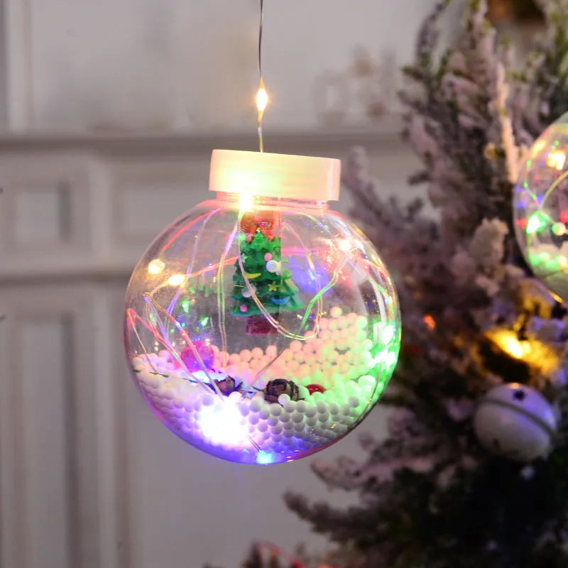 10-piece LED Christmas curtain lights with fairy ball lamps showing snowman, elder, and Christmas tree designs