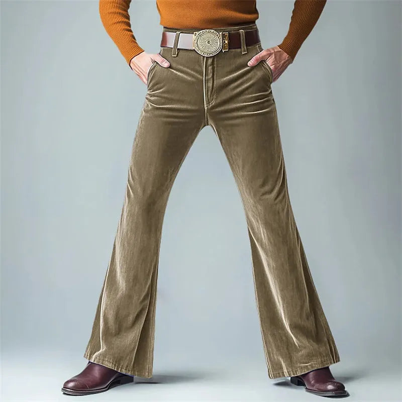 Men's gold velvet slim flared suit trousers in seven colours including dark red and khaki