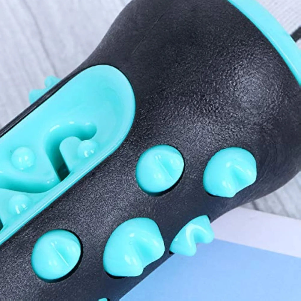 Natural rubber dog dental chew toy in blue colour with textured cleaning ridges