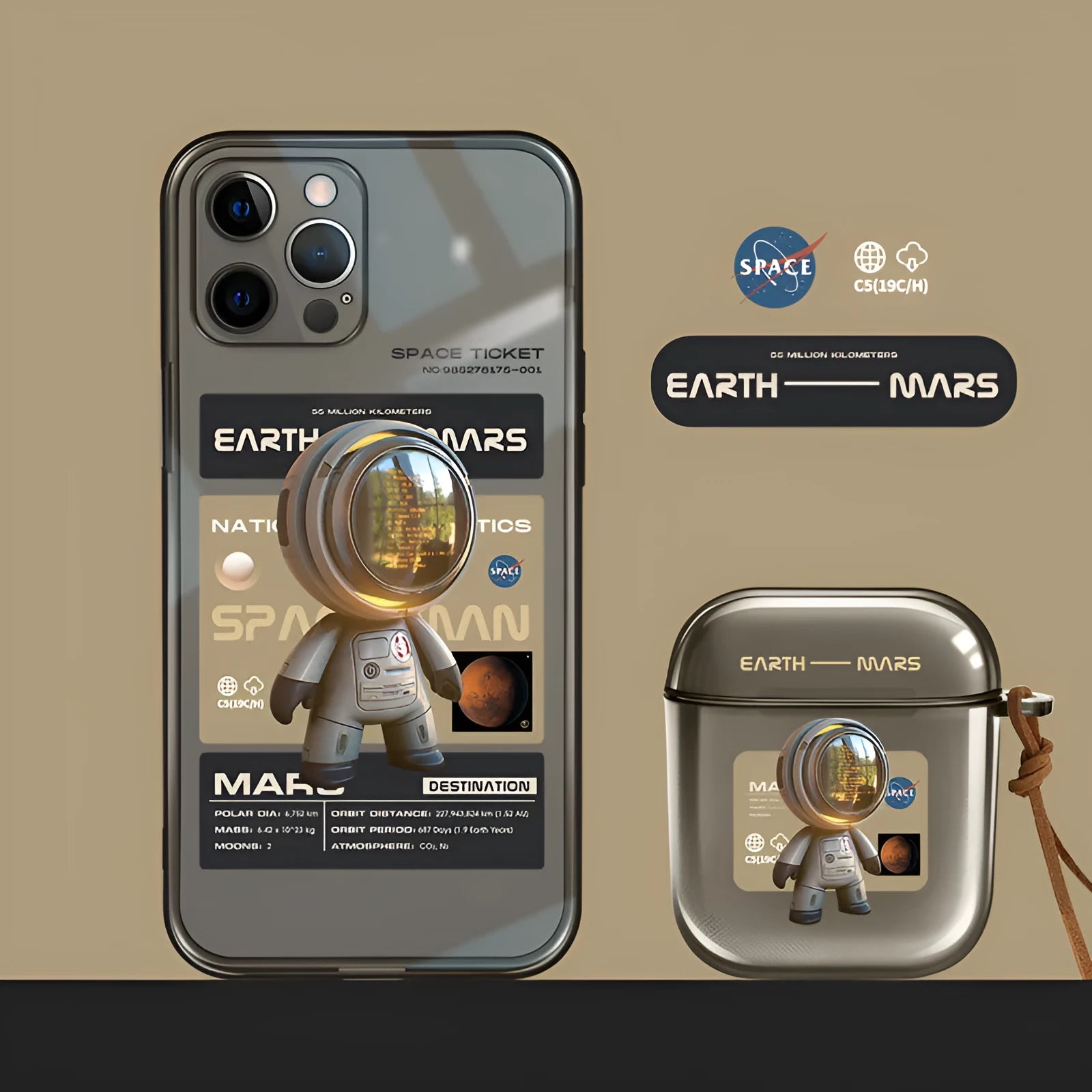 Niche Trendy Brand black soft TPU iPhone protective case showing Mars Ticket and Oasis Flights design variants