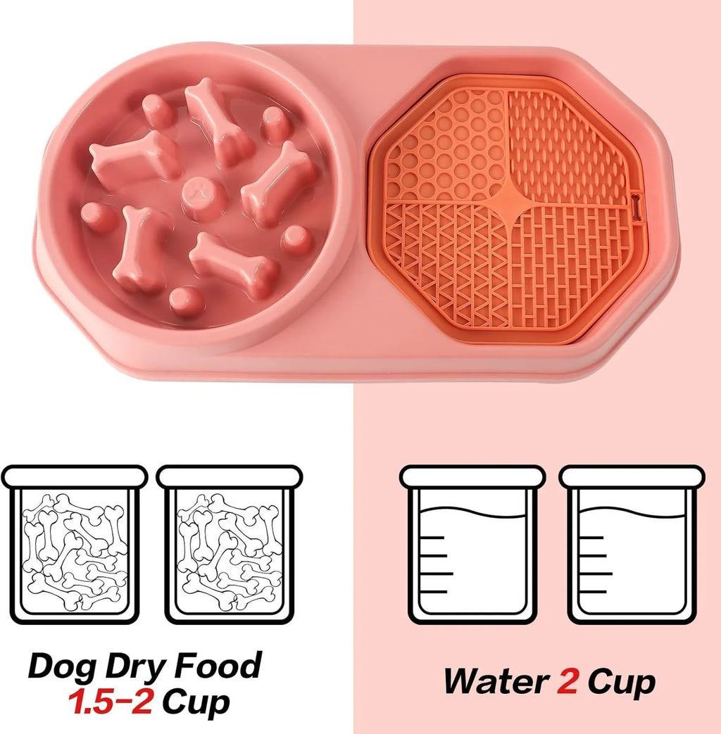Slow feeder dog bowl with colourful maze pattern for anti-gulping and bloat prevention