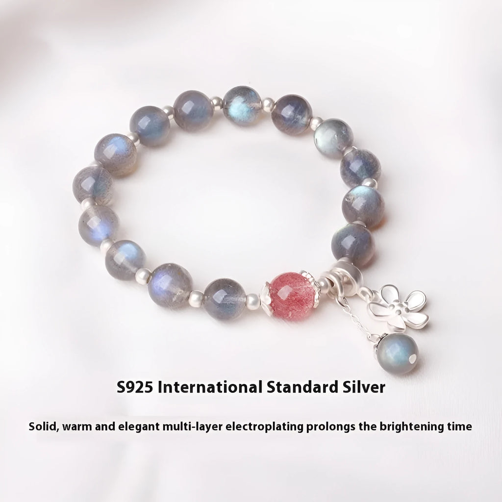 Women's crystal bracelet with 7.5mm beads and silver honeysuckle charm