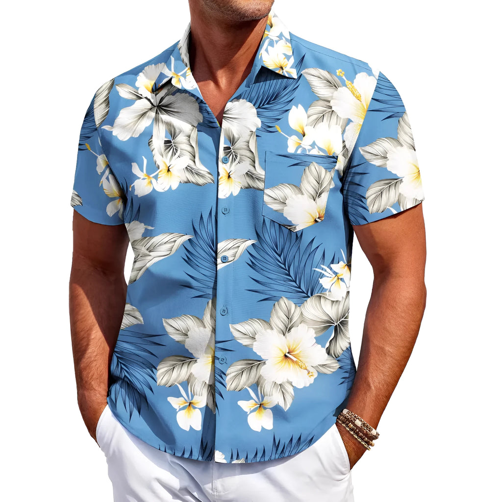Men's slim fit Hawaiian short sleeve shirt in a cardigan style, made from four-sided elastic polyester fabric.