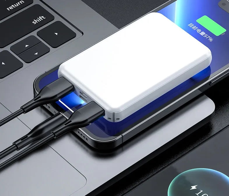 Black and white power bank for electric heating vest belts showing 97mm x 64mm x 14mm dimensions