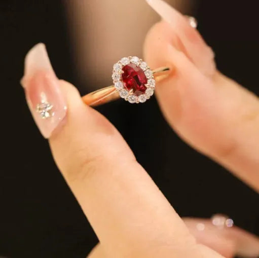 Gold Pigeon red blood gemstone sterling silver inlaid ring with floral pattern