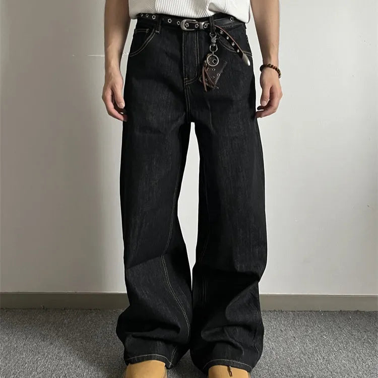 Black retro straight-leg jeans with loose wide-leg fit and mid-waist design