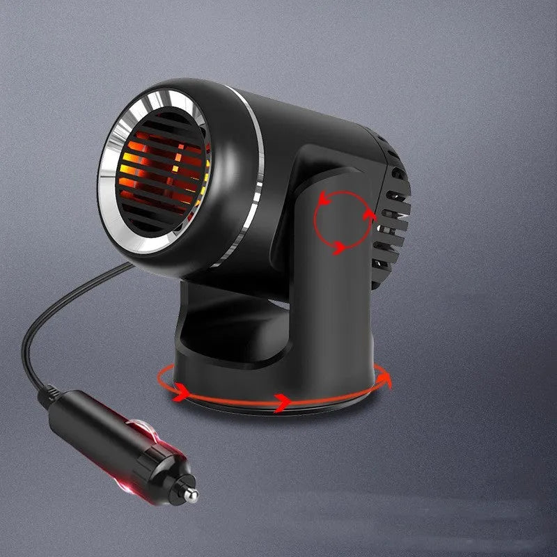 Black and white 12V car heater defroster with compact ABS plastic housing and power cord