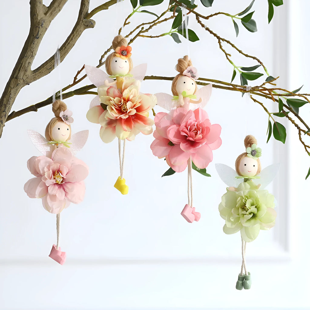 Cloth elf pendant with floral angel girl design in dark pink, pink, green, and yellow colour options