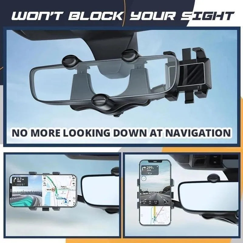 Black rearview mirror car phone holder showing 360 rotation and extended telescopic arm