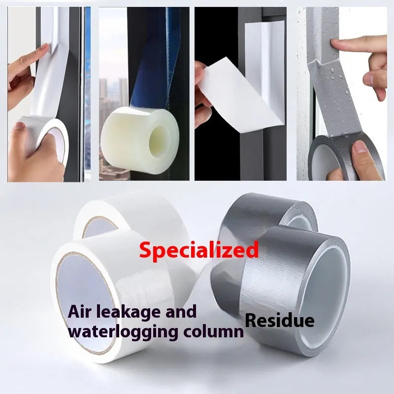 Windproof tape roll showing silver grey, transparent and white colour options for window and windshield sealing