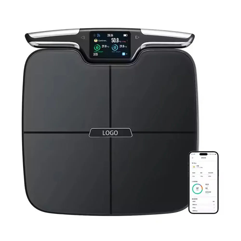 Black eight-electrode body fat smart scale showing electronic display, 45cm square.