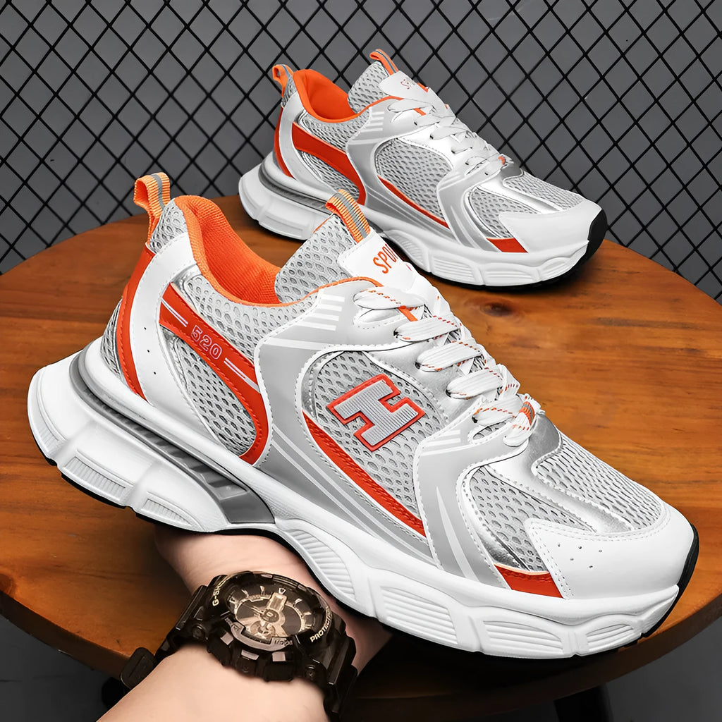 Men's mesh running shoes in three colour options showing round toe design and injection-moulded soles