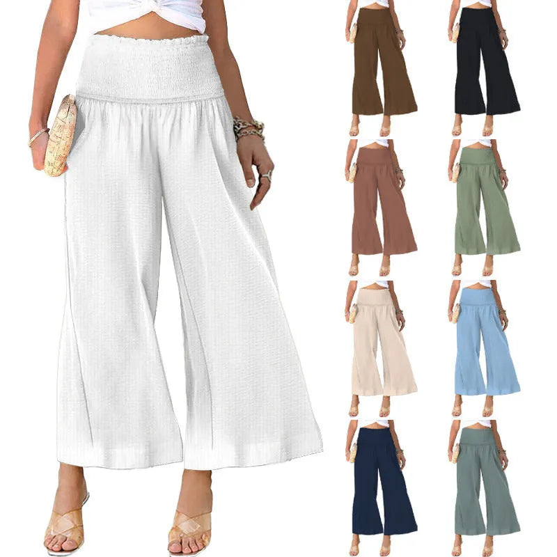 Women's high-waist pleated casual trousers in cotton linen, cropped straight-leg style.