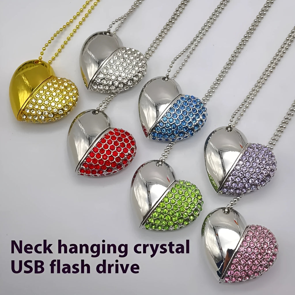 Heart-shaped USB flash drive with a brick-inlaid pattern on a metal shell.