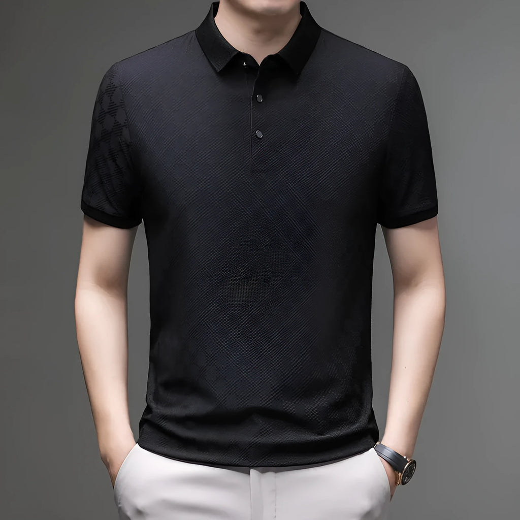 Rhombus thin ice silk short sleeve t-shirt in black with side slit design