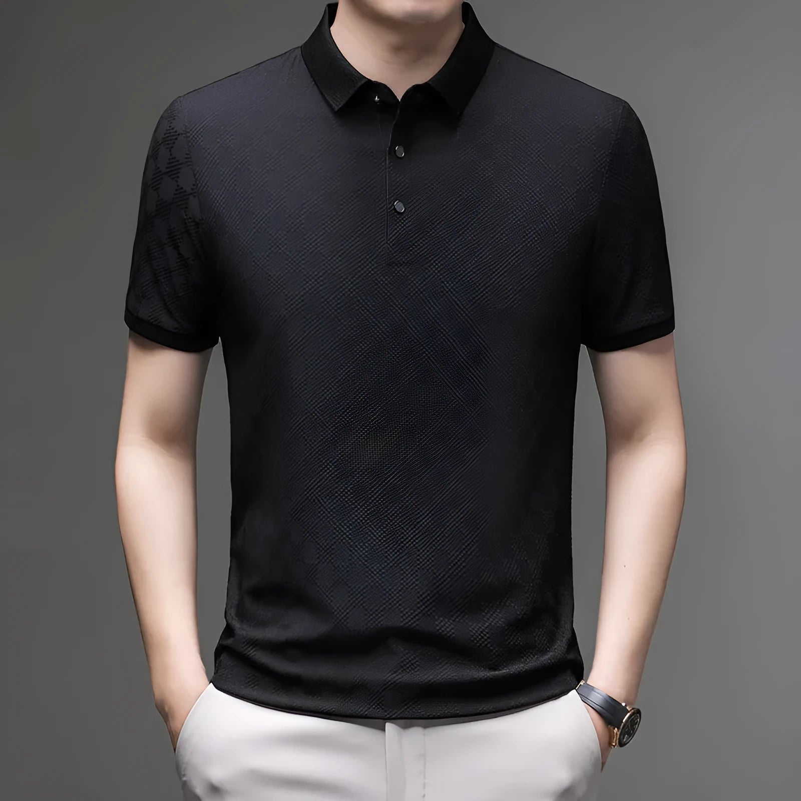Rhombus thin ice silk short sleeve t-shirt in black with side slit design