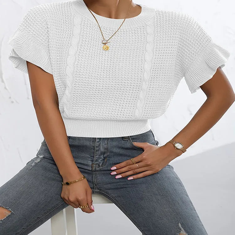 Knitted pullover sweater with twisted string ruffled short sleeves in round neck design