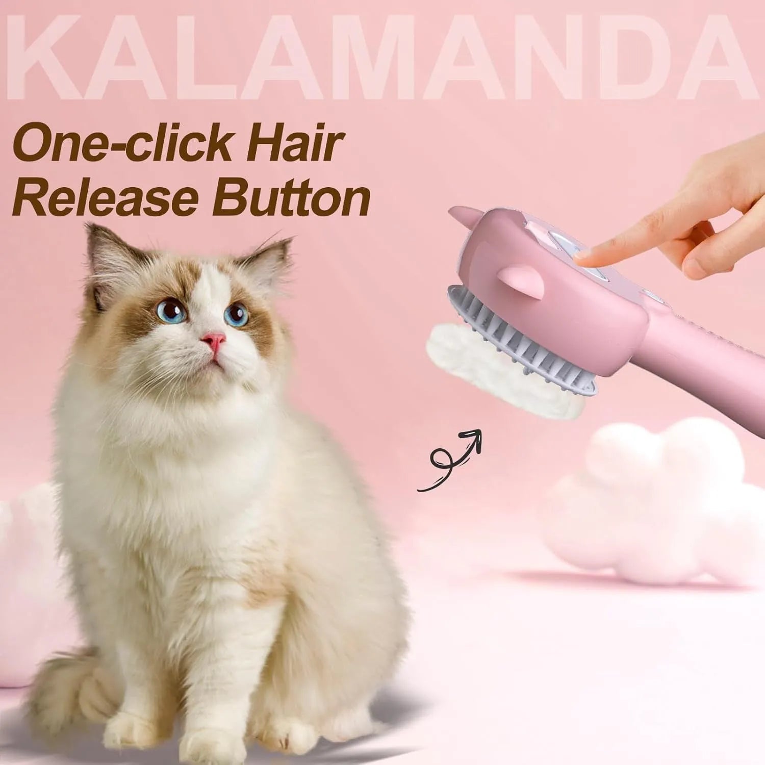 Blue 4-in-1 cat steam brush with soft rubber bristles and a one-click hair release button, shown with ergonomic handle.