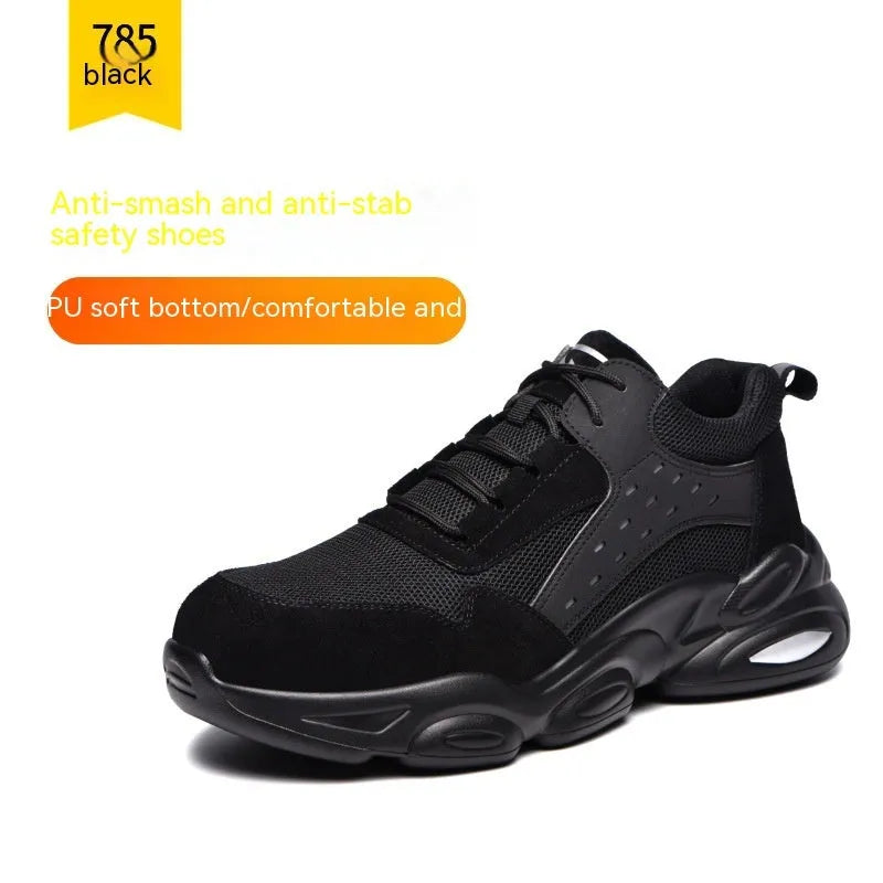 Men's black breathable mesh safety work shoe with a soft polyurethane sole on a white background.